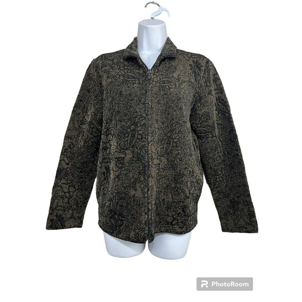 Chicos Travelers Quilted Jacket Sz‎ 0 XS Brown Black Full Zip Floral Lightwt